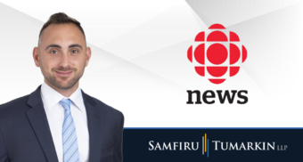 A headshot of Canadian employment lawyer Aaron Levitin next to the Samfiru Tumarkin LLP and CBC News logos.