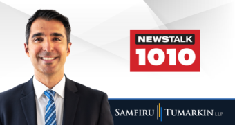 A headshot of Canadian employment lawyer Dan Balkaran next to the logos for Samfiru Tumarkin LLP and radio station Newstalk 1010 in Toronto.