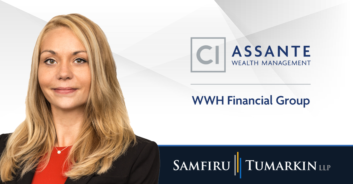 A headshot of Employment Lawyer Chantel Goldsmith, Partner at Samfiru Tumarkin LLP, to the left of the logos for CI Assante Wealth Management (WWH Financial Group) and Samfiru Tumarkin LLP.