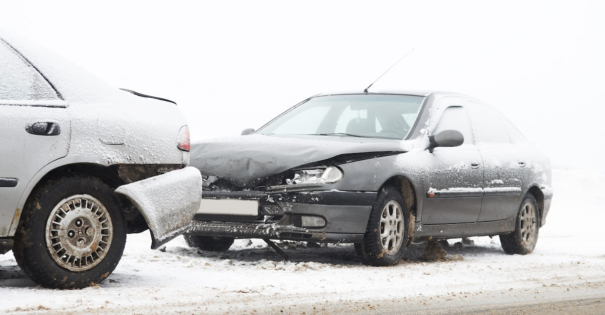 A car crash on a snow-covered road in Calgary, Alberta.