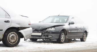 A car crash on a snow-covered road in Calgary, Alberta.