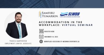 An image of employment lawyer Travis Carpenter, along with details of a seminar about workplace accommodation for the SLWDB.