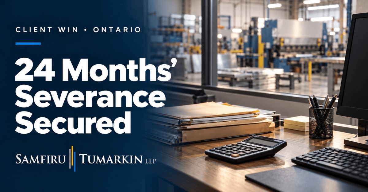 Office administrator’s desk overlooking a metal workshop beside “24 Months’ Severance Secured” and the Samfiru Tumarkin LLP logo.