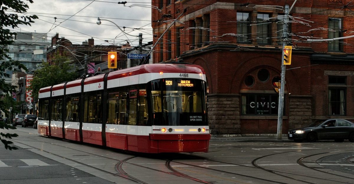 A Toronto streetcar, possibly one made by Alstom in Canada.