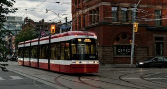 A Toronto streetcar, possibly one made by Alstom in Canada.