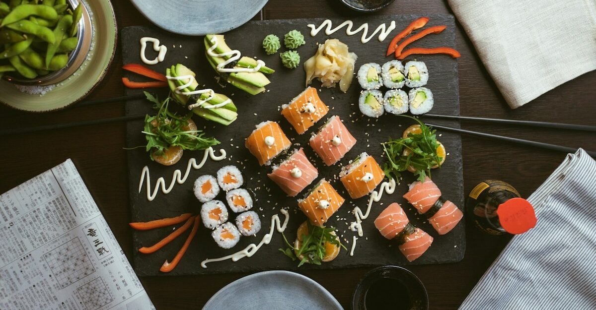 Various pieces of sushi, perhaps made by Bento Sushi in Canada.