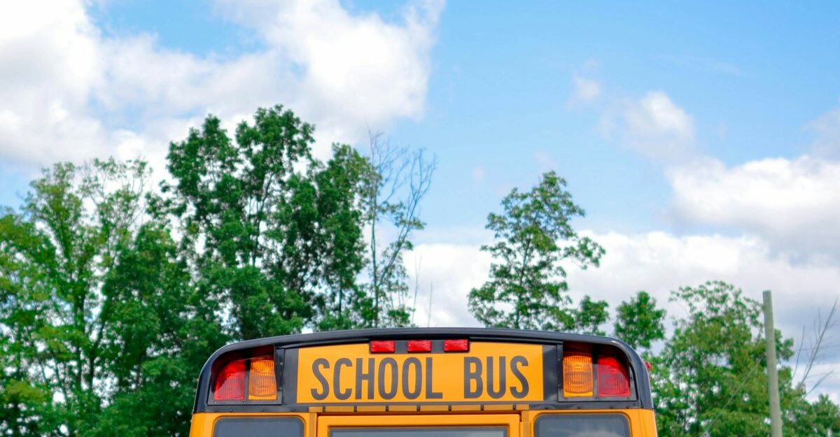 A school bus, potentially built by Lion Electric, beneath a partially cloudy sky.