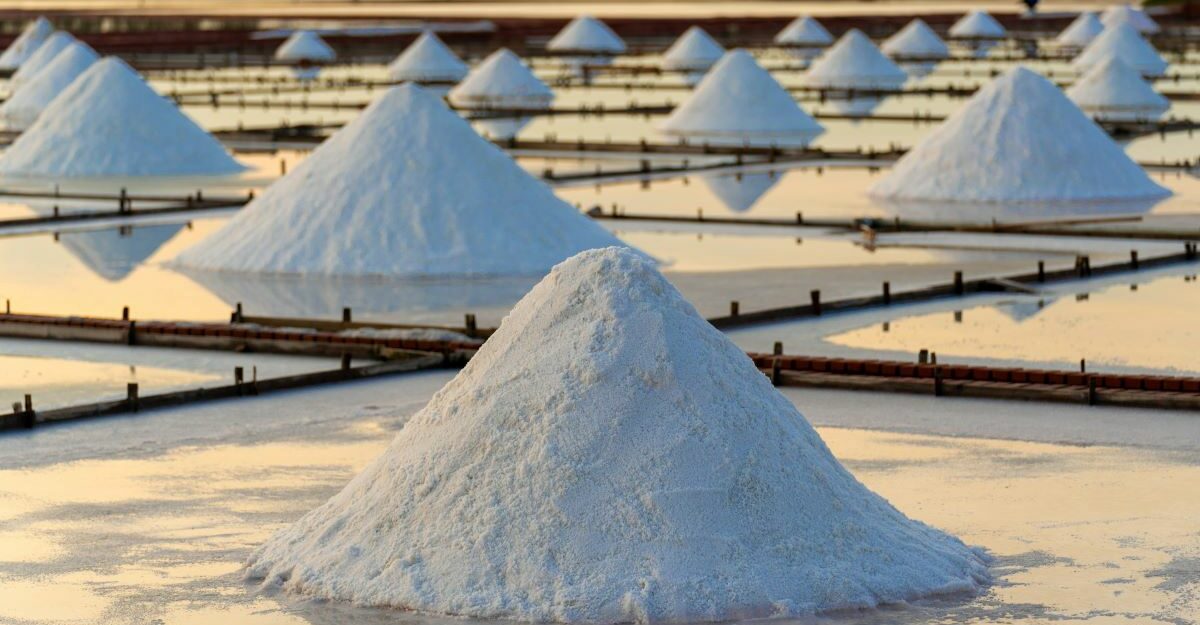 Mounds of salt are processed in a tiled salt field.