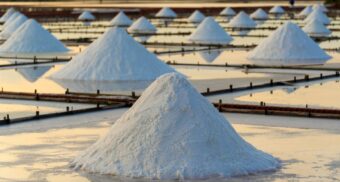 Mounds of salt are processed in a tiled salt field.