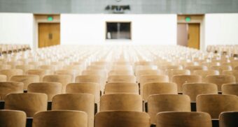 An empty lecture hall in a college or university.