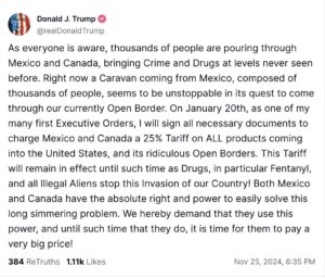 President-elect Donald Trump announces plans to introduce a 25% tariff on imported Canadian goods via his Truth Social account.