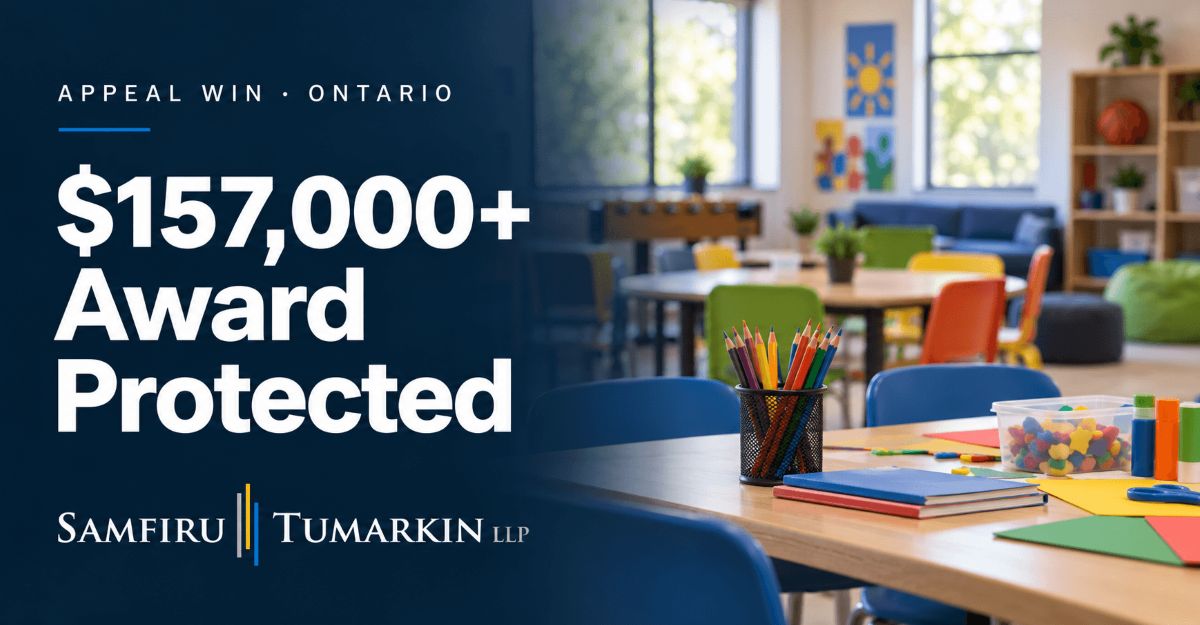 Youth activity room beside “$157,000+ Award Protected” and the Samfiru Tumarkin LLP logo.