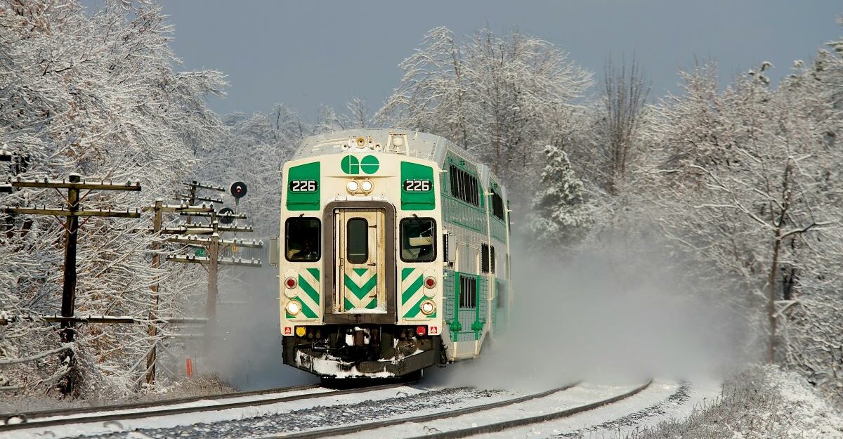 A GO Train operates in Ontario during the winter.