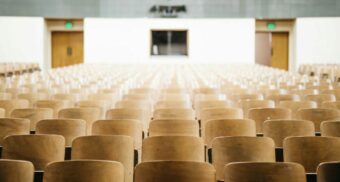 An empty lecture hall in a college or university.