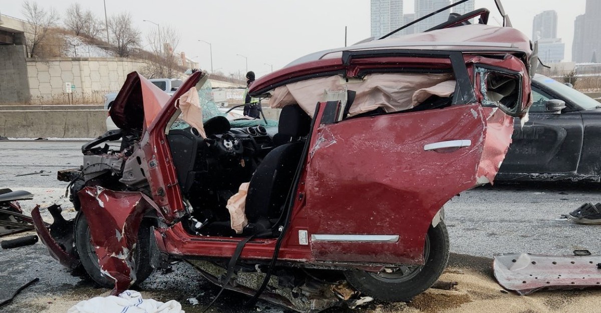 A photo of significant damage to a red vehicle on Highway 400 in Vaughan. (Photo: OPP / X/Twitter)