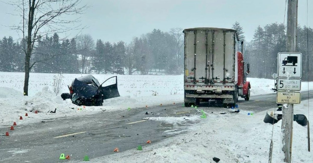 A photo of a fatal collision in Norwich Township on Feb. 19, 2025. (Photo: OPP / Handout)