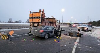 A photo of a collision involving a black Honda Civic and two MTO vehicles on Highway 401 in Scarborough. (Photo: OPP_HSD / X/Twitter)