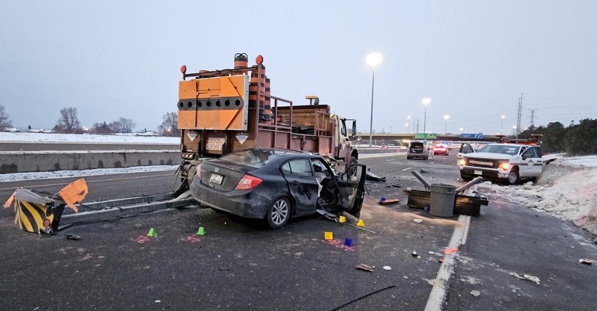 A photo of a collision involving a black Honda Civic and two MTO vehicles on Highway 401 in Scarborough. (Photo: OPP_HSD / X/Twitter)