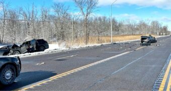 A photo of significant damage to multiple vehicles on Highway 6 in Flamborough, Ontario. (Photo: OPP_HSD / X/Twitter)