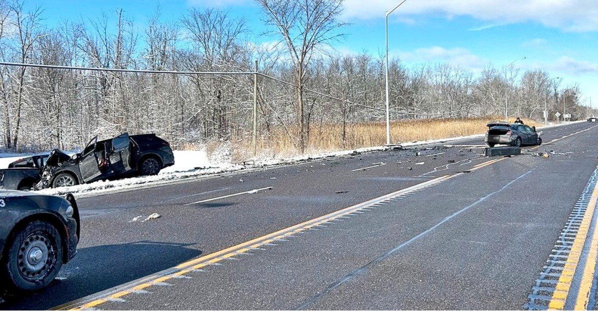 A photo of significant damage to multiple vehicles on Highway 6 in Flamborough, Ontario. (Photo: OPP_HSD / X/Twitter)