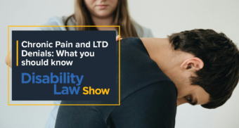 Disability Law Show Chronic Pain and LTD denial thumbnail - Man bent over in pain with helper