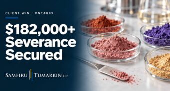 Cosmetic colour pigments beside “$182,000+ Severance Secured” and the Samfiru Tumarkin LLP logo.