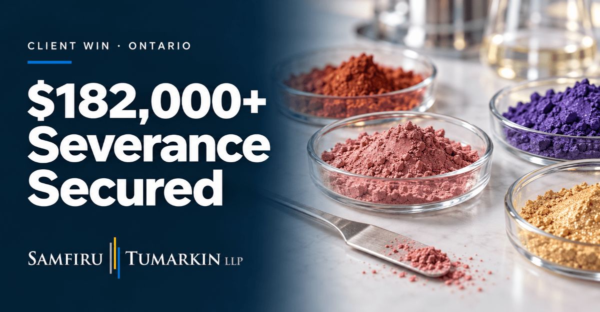 Cosmetic colour pigments beside “$182,000+ Severance Secured” and the Samfiru Tumarkin LLP logo.