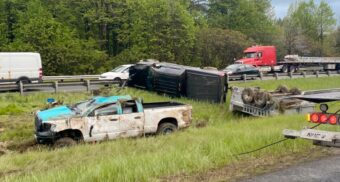 A photo of a collision involving two pickup trucks on Hwy. 403 near Hwy. 6 in Ancaster, Ontario. (Photo: OPP_HSD / X/Twitter)