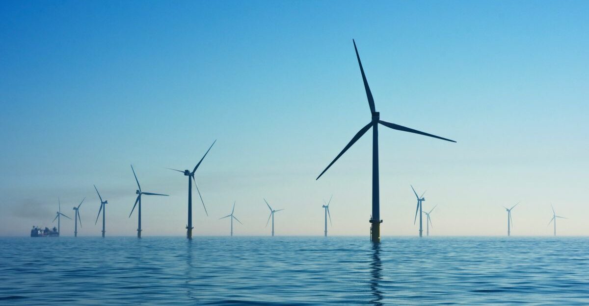renewable-energy-technology-wind-turbines A dozen wind turbines rise out of the water, generating renewable energy.