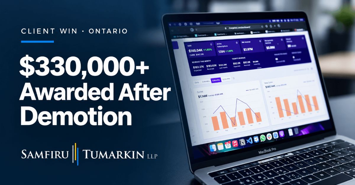 Laptop displaying marketing analytics beside “$330,000+ Awarded After Demotion” and the Samfiru Tumarkin LLP logo.