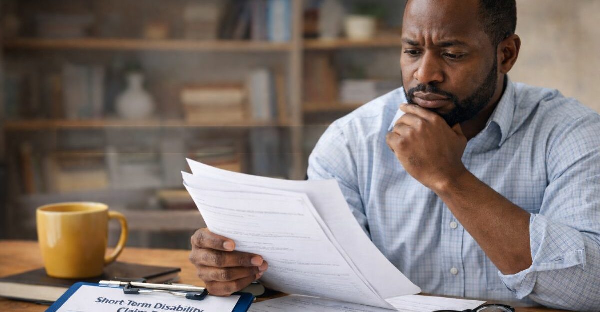 A man in his 40s reviewing short-term disability claim documents at home