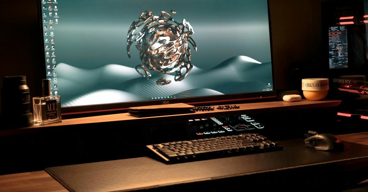 A computer monitor in a studio displays an animation or graphic.