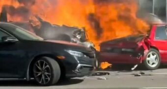 A screenshot taken from footage of a fiery multi-vehicle collision on the Gardiner Expressway in Toronto on July 8, 2025. (Photo: 6BuzzTV / X/Twitter)