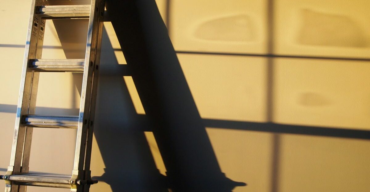 A ladder casts a shadow as it leans against a wall.