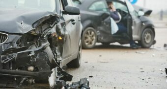 Car crash scene showing vehicle damage after a motor vehicle accident in Ontario, likely resulting in motorists accessing their accident benefits ontario.