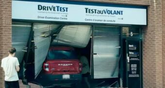 A photo of a red Ford Bronco that drove into the DriveTest centre on Lambton Mall Road in Sarnia. (Photo: Sean Robbins)