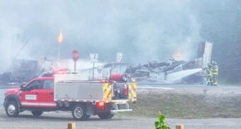 A photo of a fiery 3-vehicle crash on Highway 17 near Marathon Airport in Ontario. (Photo: Skilled Truckers of Canada)