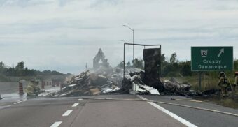 A furniture-loaded trailer fire on the 401 in the Gananoque area (photo credit: @MIHomeYGK)