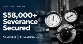 Industrial pressure gauges beside “$58,000+ Severance Secured” and the Samfiru Tumarkin LLP logo.