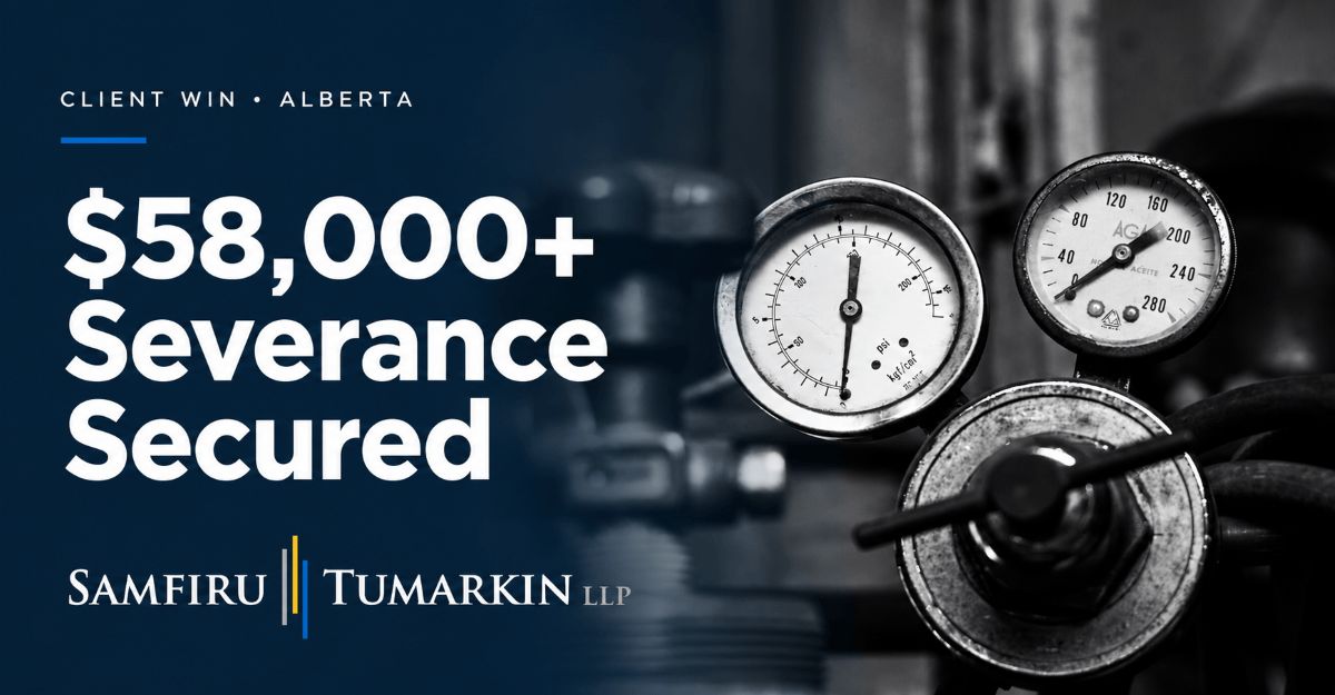 Industrial pressure gauges beside “$58,000+ Severance Secured” and the Samfiru Tumarkin LLP logo.