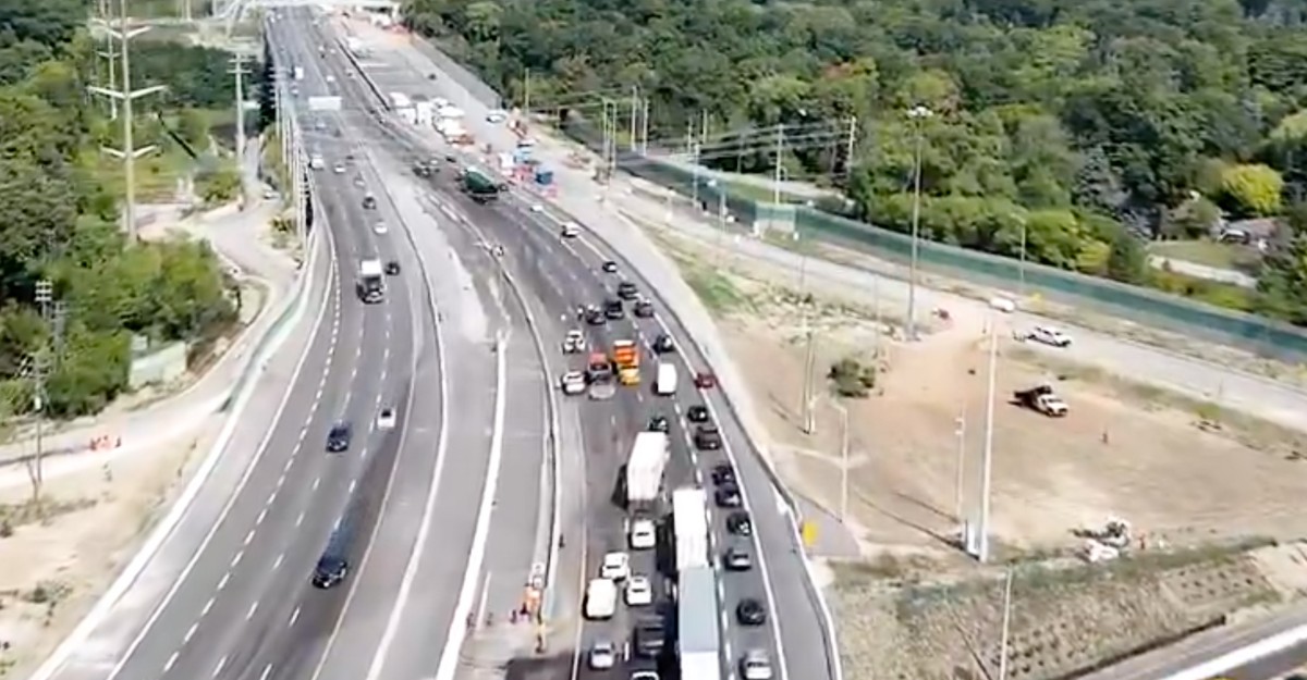 An aerial screenshot of a collision on the Toronto-bound QEW just past Mississauga Road. (Photo: OPP_HSD / X/Twitter)