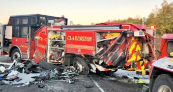 firefighters-hurt-hwy-401-crash-clarington-october-2025 A damaged Clarington fire truck on Highway 401. (Photo: @OPP_HSD / X/Twitter)