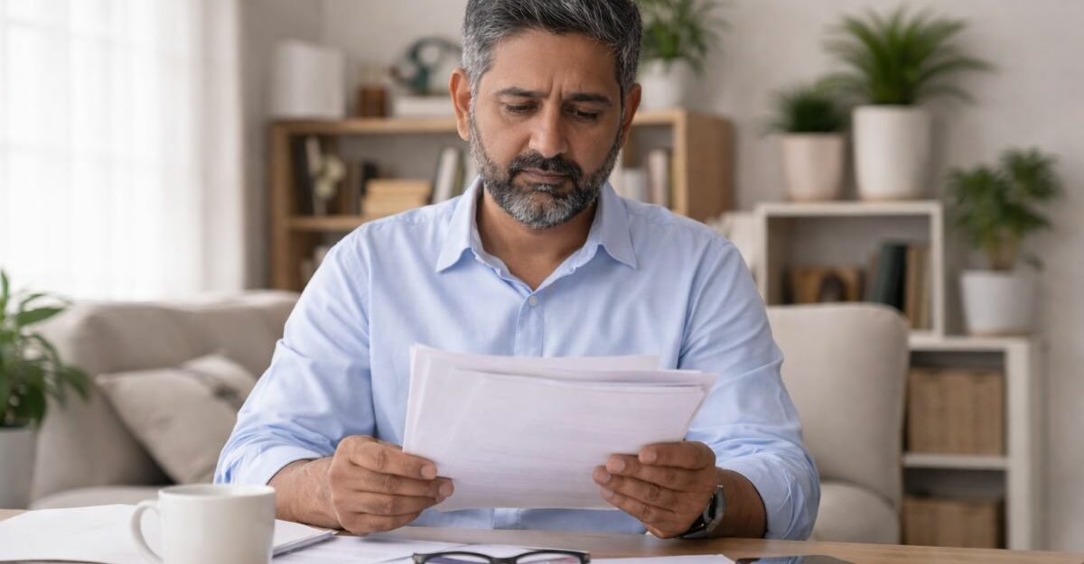 Man in his 50s reviewing long-term disability insurance paperwork at home