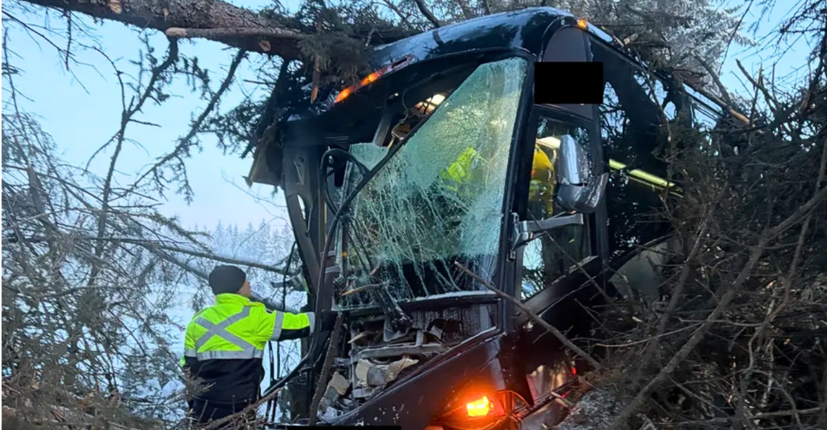 Severe damage to a coach bus that left Highway 2 north of Edmonton on Dec. 12, 2025. (Photo: Athabasca RCMP)