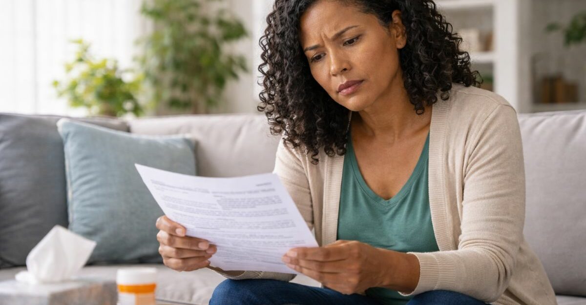 Woman in her 50s reviewing paperwork related to a long-term disability claim at home