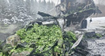 A vehicle is covered in spinach after a crash on Highway 401 in Quinte West on Jan. 27, 2026. (Photo: OPP / X/Twitter)
