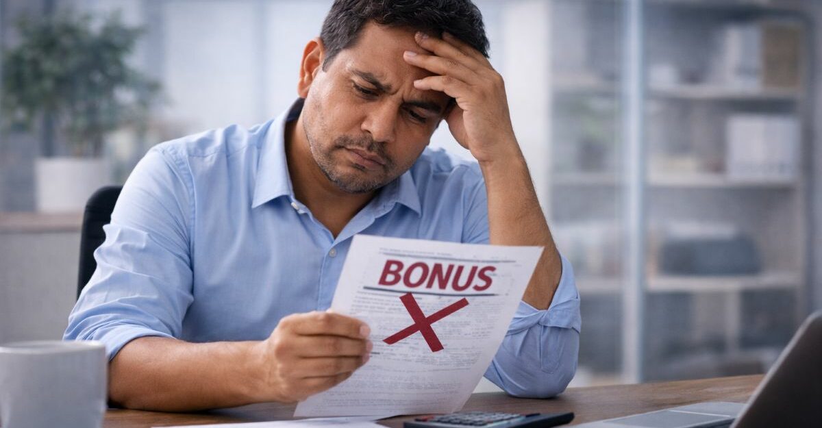 Middle-aged man reviewing a bonus document at his desk with a concerned expression, illustrating a withheld or unpaid bonus at work.