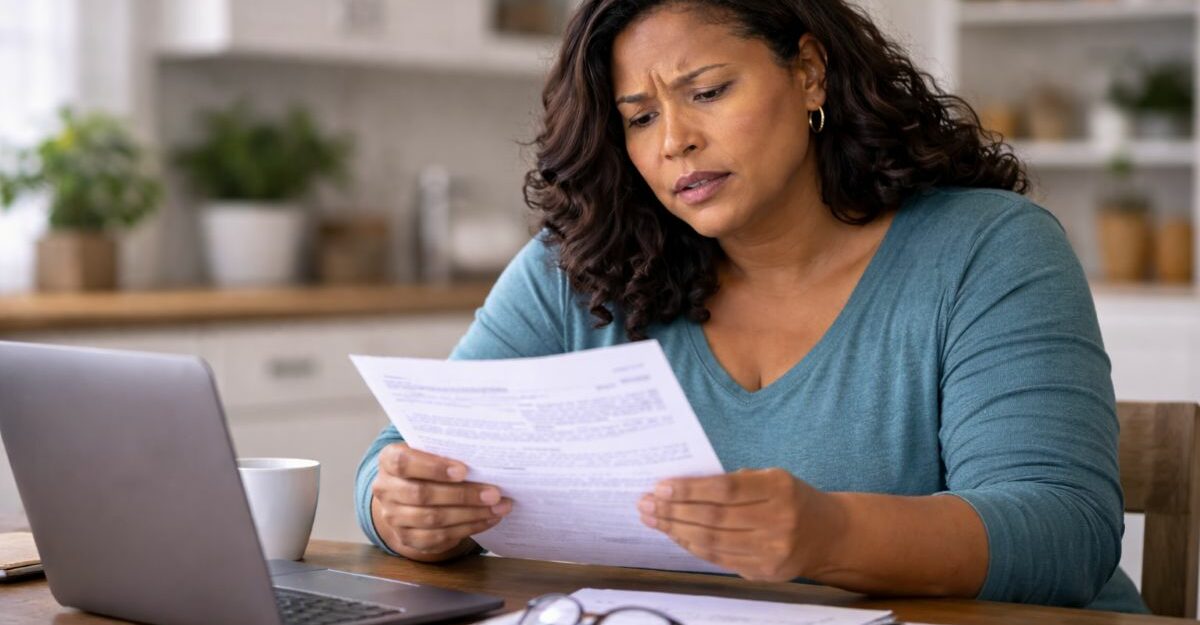 Middle-aged woman reviewing insurance paperwork at home with a concerned expression, sitting at a kitchen table with documents and a laptop.