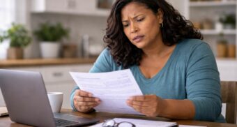 Middle-aged woman reviewing insurance paperwork at home with a concerned expression, sitting at a kitchen table with documents and a laptop.
