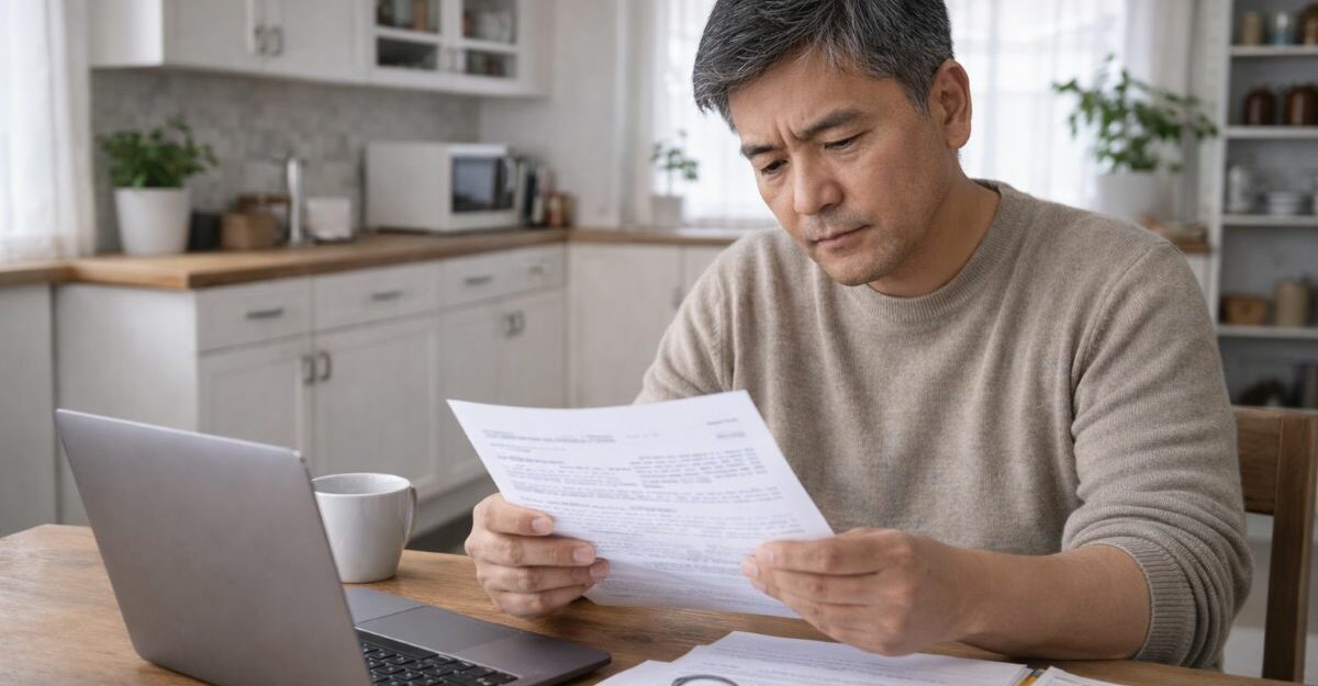 Middle-aged Japanese man reading disability insurance paperwork at home, looking concerned while reviewing documents at a kitchen table.